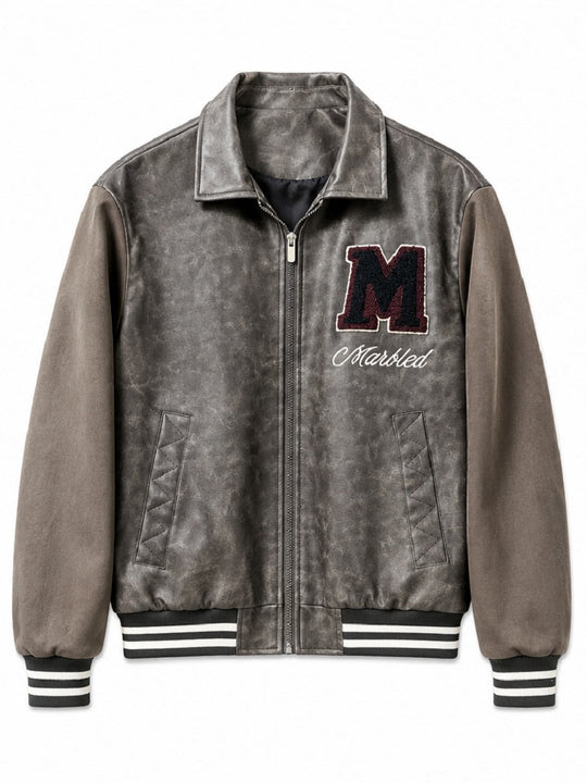 Herren Varsity-Bomberjacke im Vintage-Lederlook mit Chenille-Emblem Nord Taschen