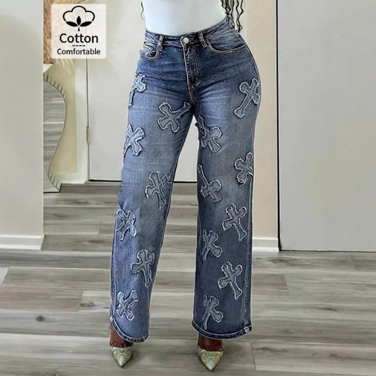 Damen Hochtaillierte gerade geschnittene Jeanshose mit Kreuzapplikationen aus Baumwoll-Jeansstoff Nord Taschen