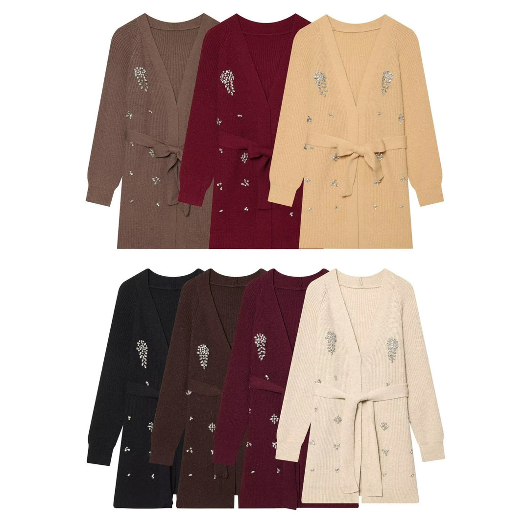 Damen Longcardigan mit Bindegürtel und Schmuckstein‑Applikation Nord Taschen
