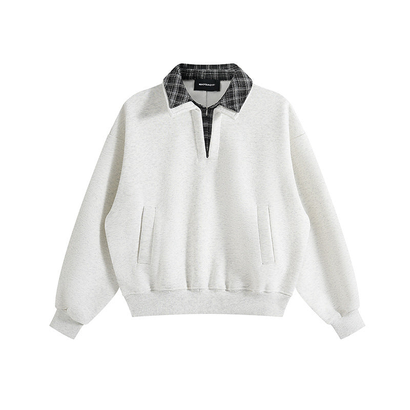 Unisex Oversize-Sweatshirt mit eingesetztem Karo-Hemdkragen und halbem Reißverschluss Nord Taschen