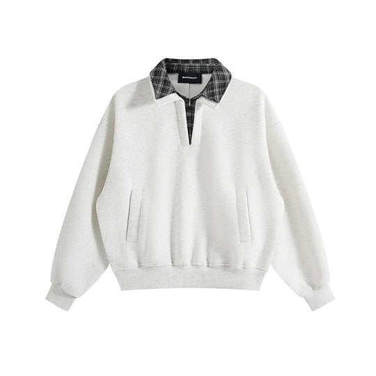 Unisex Oversize-Sweatshirt mit eingesetztem Karo-Hemdkragen und halbem Reißverschluss Nord Taschen