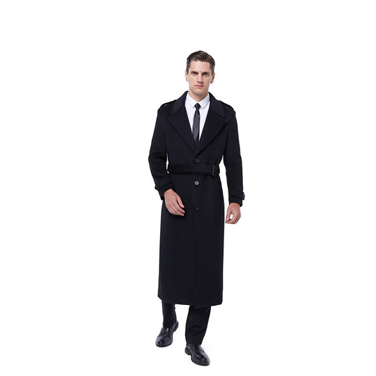 Herren Maxilanger Mantel aus Wollmix mit Bindegürtel, Epauletten und klassischem Revers Nord Taschen