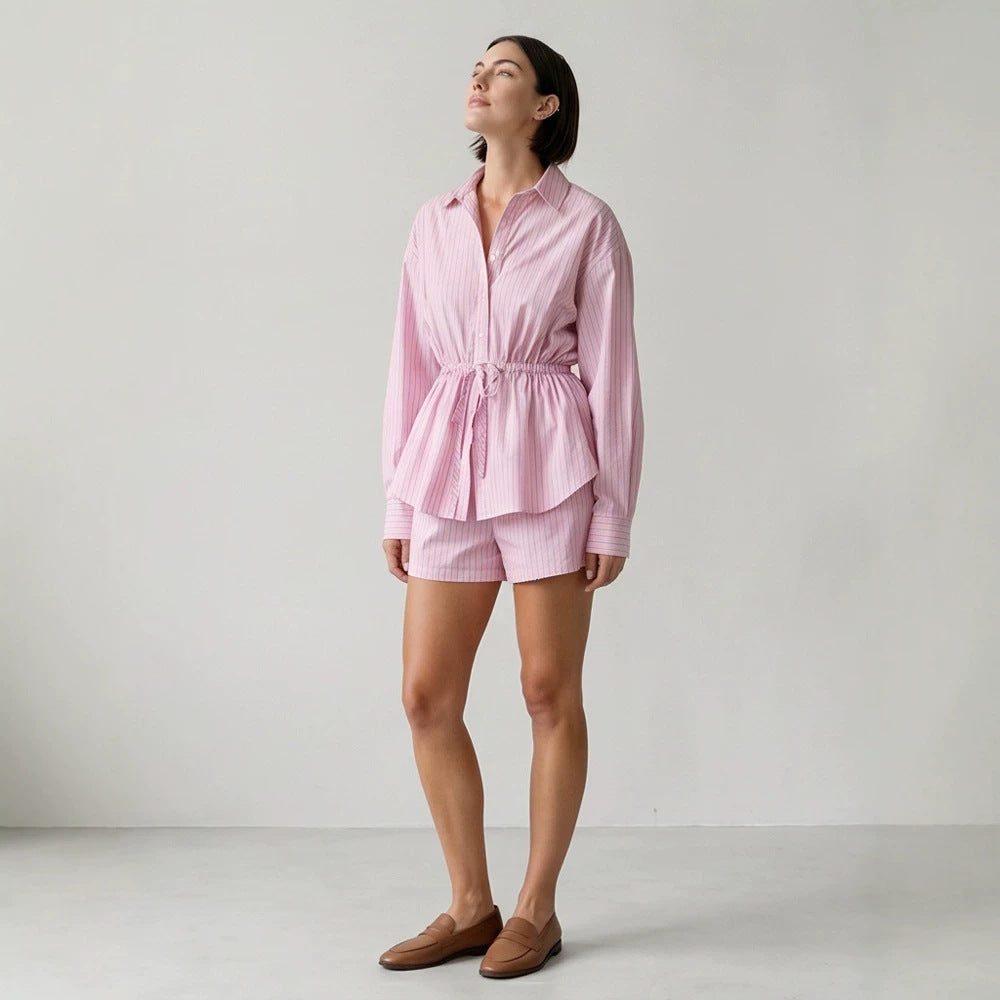 Damen Gestreiftes Loungewear-Set aus Leichtbaumwolle mit Kordel-Taille & Shorts Nord Taschen