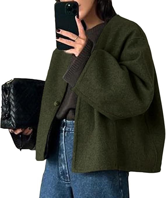 Damen Kurz geschnittene Oversize Wolljacke mit kastigem Schnitt und Ein-Knopf-Verschluss Nord Taschen