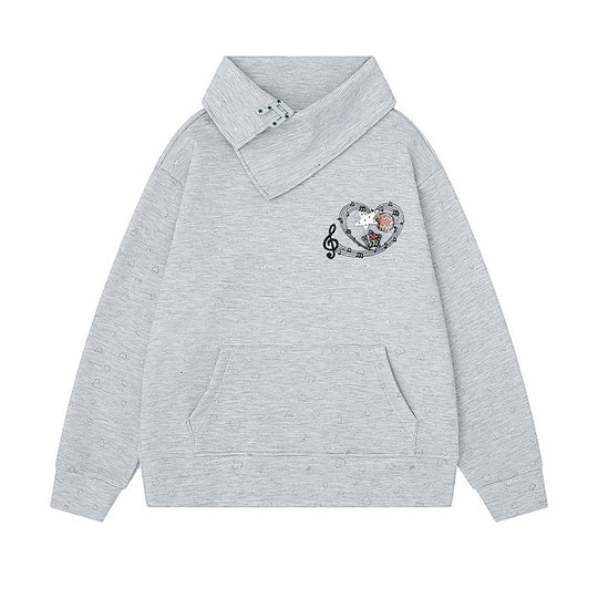 Damen Oversize-Sweatshirt mit asymmetrischem Stehkragen, Kängurutasche und musikalischer Herz-Stickerei Nord Taschen