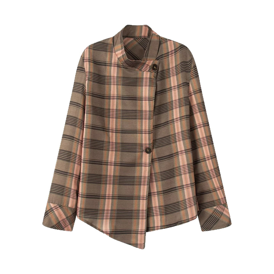 Damen Asymmetrische Cape-Bluse im Karo-Muster mit Stehkragen und Knopfverschluss Nord Taschen