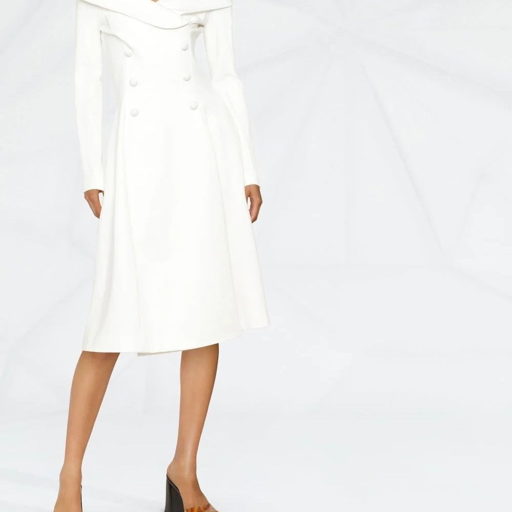 Damen Maxikleid im Mantel‑Look mit Carmenkragen und Doppelreihe Nord Taschen