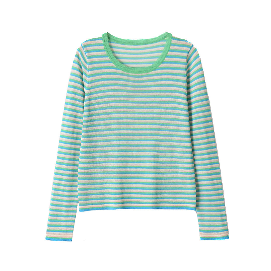 Damen Gestreiftes Feinstrick-Langarmshirt mit Rundhalsausschnitt und figurumspielender Silhouette Nord Taschen