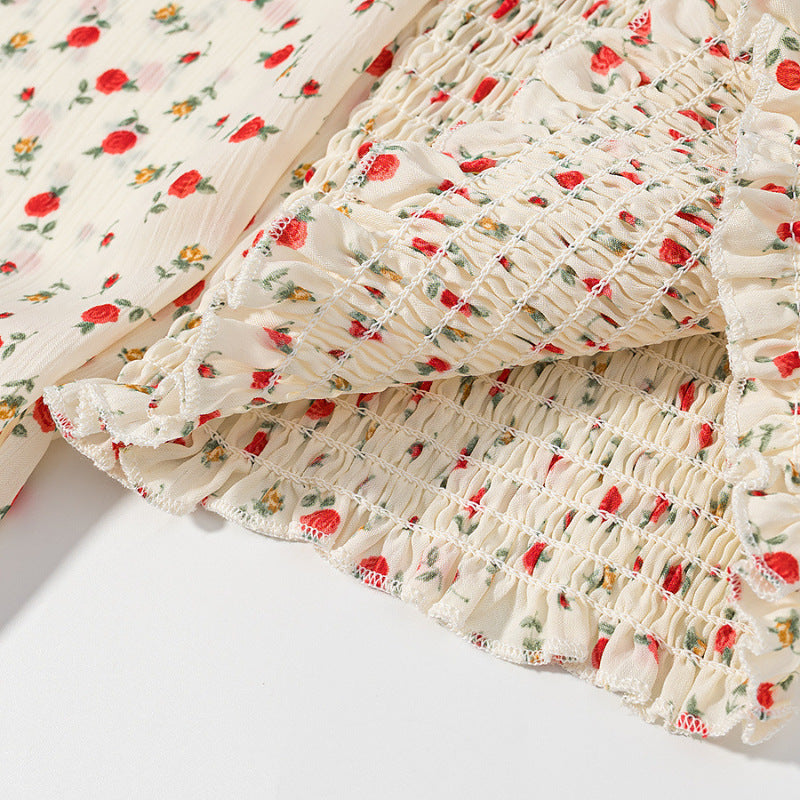 Damen Gesmoktes Cropped-Top mit Puffärmeln und Blumendessin Nord Taschen
