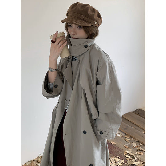 Damen Oversize Trenchcoat mit hohem Stehkragen und doppelreihiger Knopfleiste Nord Taschen