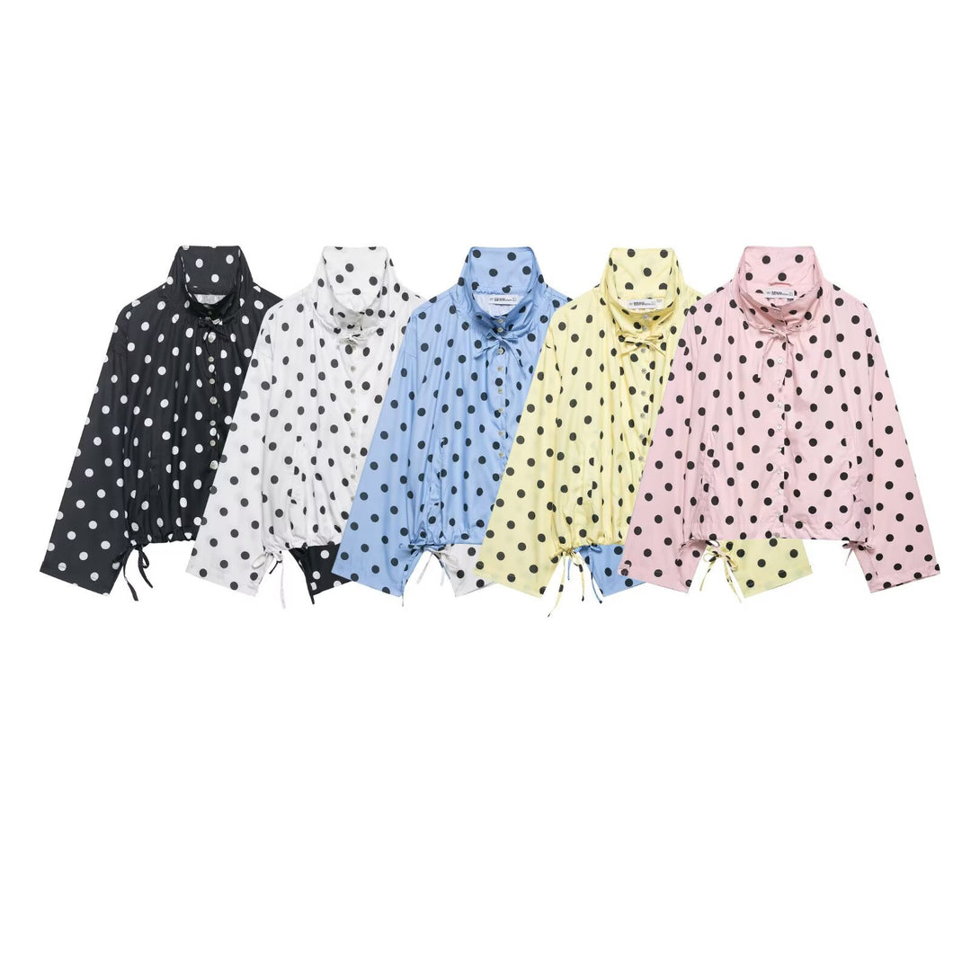 Damen Leichte Oversize-Polka-Dot Windjacke mit Stehkragen, Knopfleiste und Kordelzug Nord Taschen
