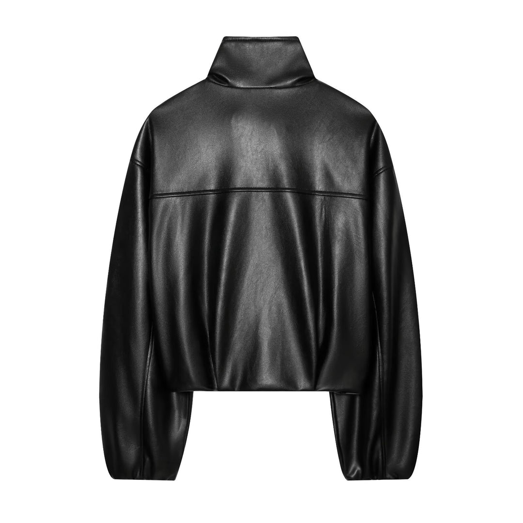 Damen Gekürzte Kunstlederjacke mit Stehkragen und Reißverschluss Nord Taschen