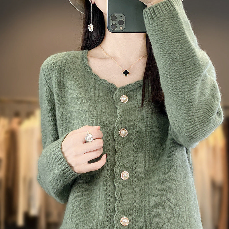 Damen Verzierter Strickcardigan mit Perlenknöpfen und Ajour‑Stickerei Nord Taschen
