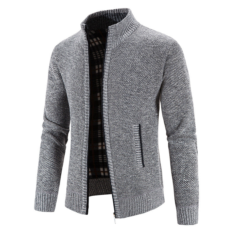 Herren Strickjacke mit durchgehendem Reißverschluss, Stehkragen und kariertem Futter Nord Taschen