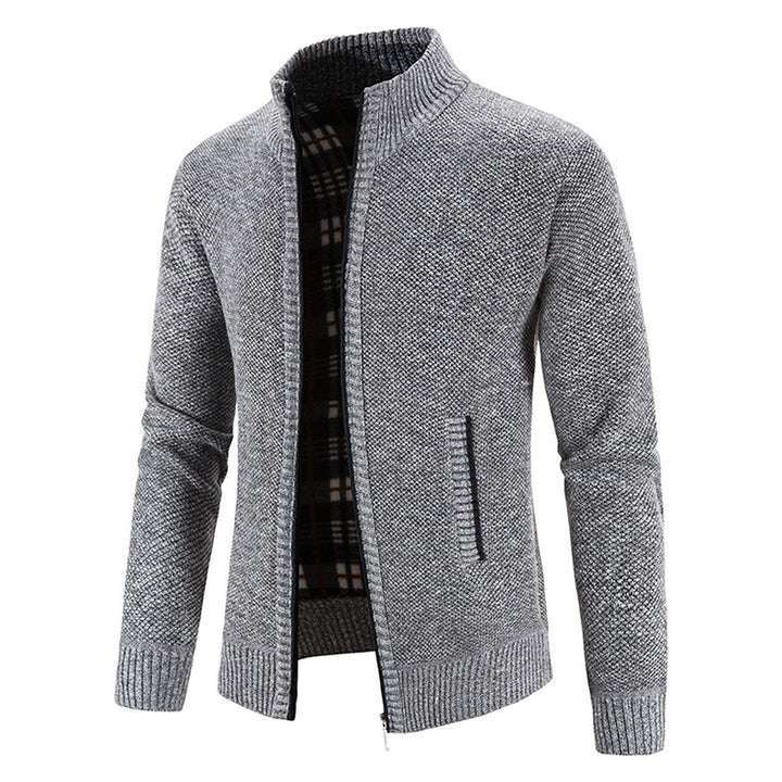 Herren Strickjacke mit durchgehendem Reißverschluss, Stehkragen und kariertem Futter Nord Taschen