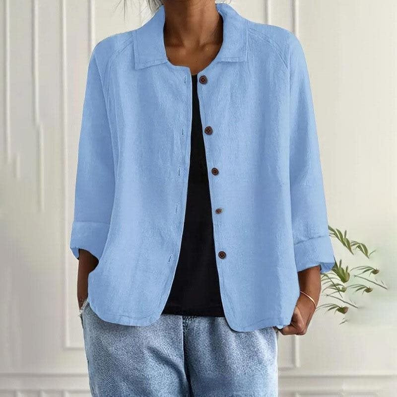 Damen Oversized Leinen-Hemdjacke mit Hemdkragen, 3/4-Ärmeln und durchgehender Knopfleiste Nord Taschen
