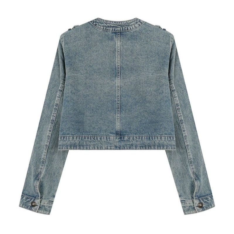 Damen Cropped-Denimjacke im Military‑Stil mit Zierknopfleisten Nord Taschen