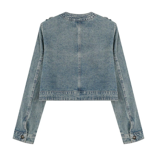 Damen Cropped-Denimjacke im Military‑Stil mit Zierknopfleisten Nord Taschen