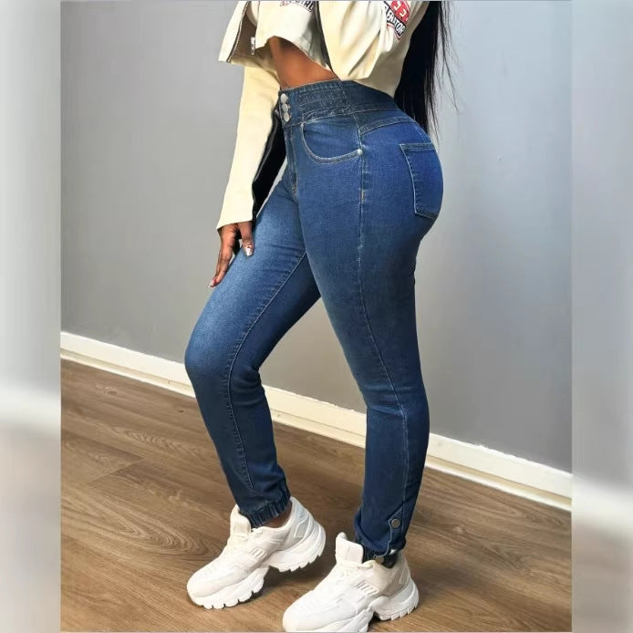 Damen Hochtaillierte formende Skinny-Jeans mit doppeltem Bundverschluss und verstellbarem Knöchel-Tunnelzug Nord Taschen
