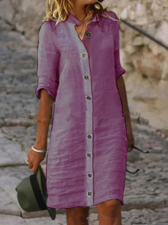 Damen Leinenhemdkleid mit Knopfleiste und umschlagbaren Ärmeln