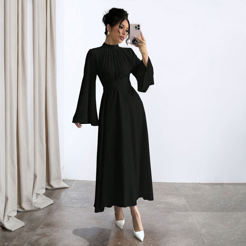 Damen elegantes Maxikleid mit Stehkragen, geraffter Taillenpartie und ausgestelltem A‑Linien‑Rock Nord Taschen