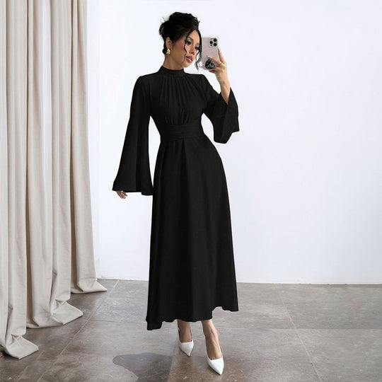 Damen elegantes Maxikleid mit Stehkragen, geraffter Taillenpartie und ausgestelltem A‑Linien‑Rock Nord Taschen