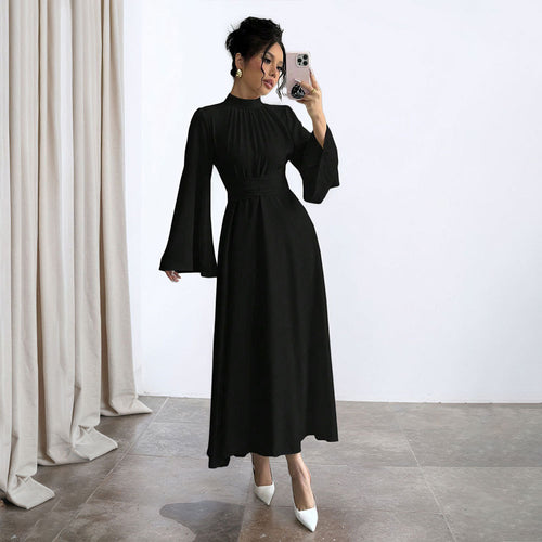 Damen elegantes Maxikleid mit Stehkragen, geraffter Taillenpartie und ausgestelltem A‑Linien‑Rock Nord Taschen