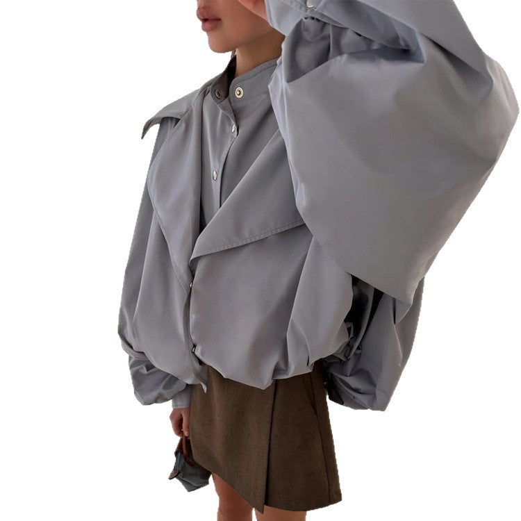 Damen Oversize Kurzjacke mit weitem Volumenärmeln und Tunnelzugsaum Nord Taschen
