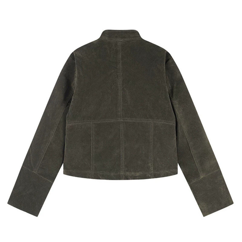 Damen kurze Wildleder-Utilityjacke mit Stehkragen, Mehrfachtaschen und Reißverschluss Nord Taschen