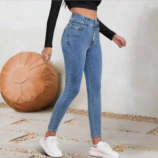 Damen Hochgeschnittene Sculpting-Skinny-Jeans mit Doppelknopf und Umschlag-Detail Nord Taschen