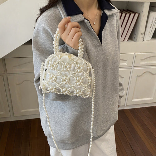 Damen elegante Beuteltasche mit dekorativen Perlen und Kordelzug Nord Taschen