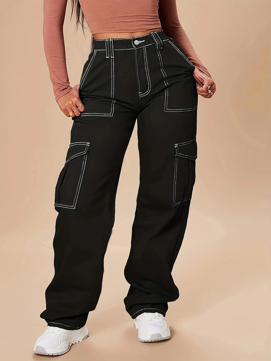 Damen Utility-Cargo-Hose mit weitem Bein, hoher Taille und kontrastierenden Ziernähten Nord Taschen