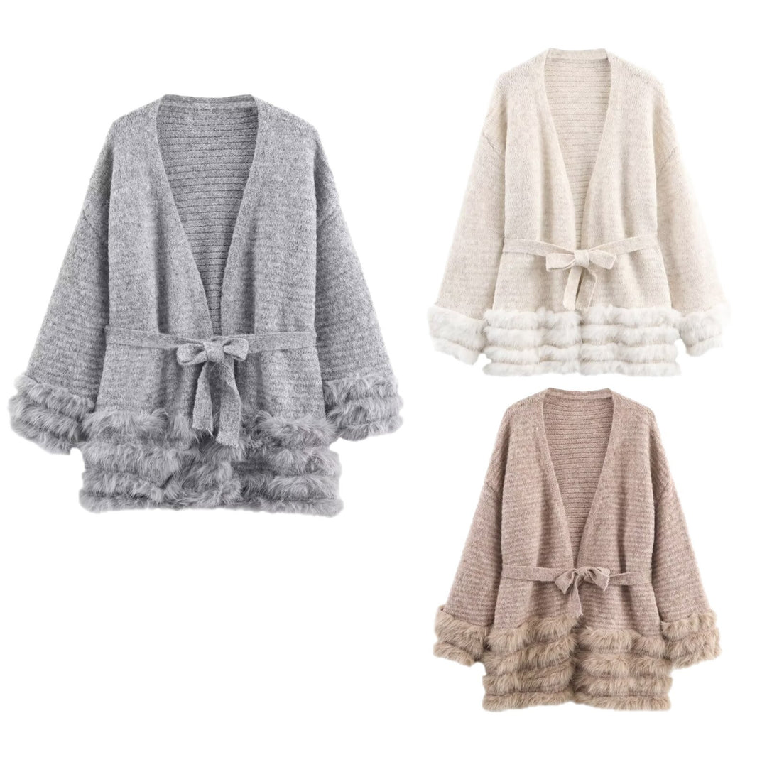 Damen Strick-Cardigan mit Bindegürtel und Faux-Fur-Besatz Nord Taschen