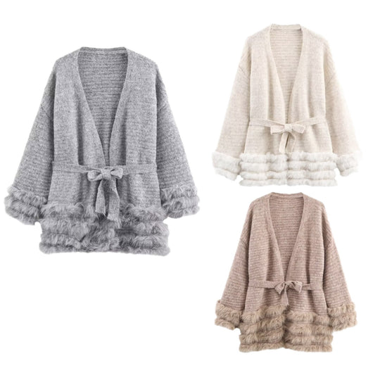 Damen Strick-Cardigan mit Bindegürtel und Faux-Fur-Besatz Nord Taschen