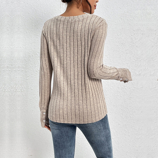 Damen Geripptes Feinstrick-Longsleeve mit V‑Ausschnitt und Spitzenpasse Nord Taschen