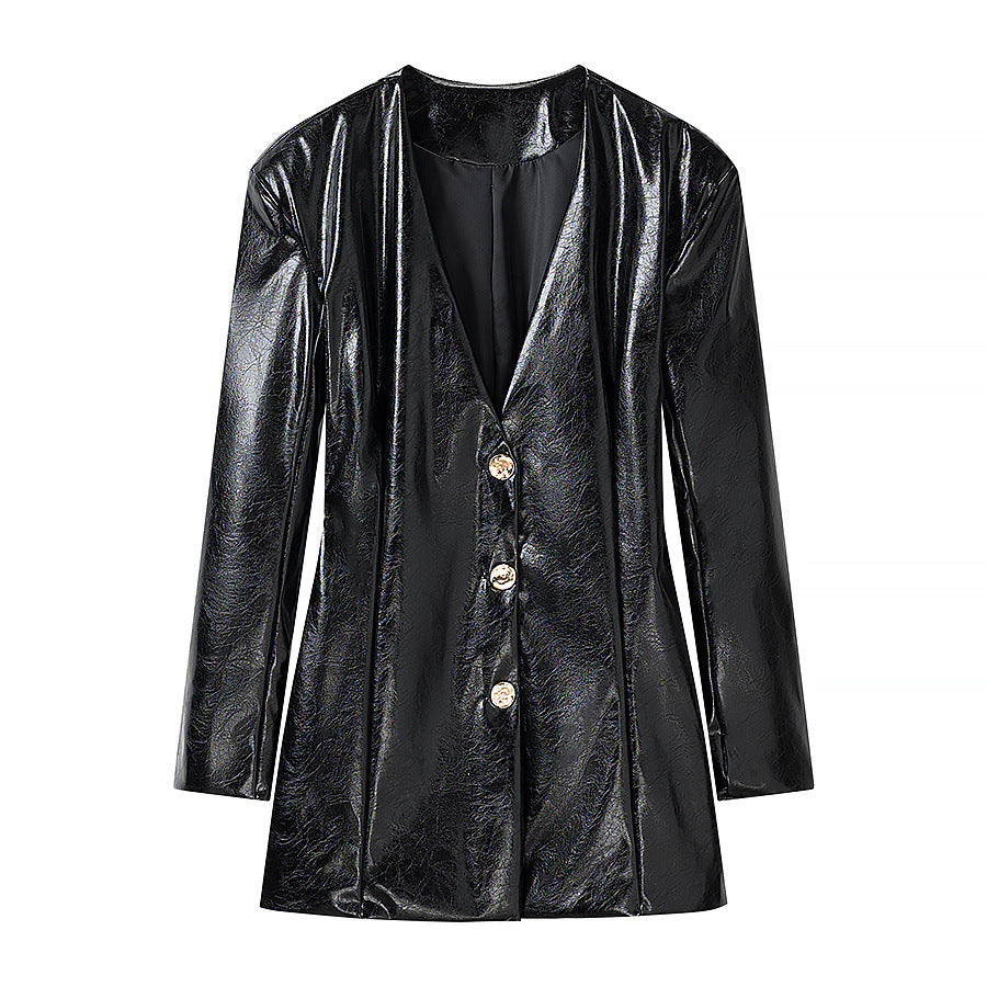 Damen Lackblazer-Minikleid mit taillierten Abnähern und goldenen Zierknöpfen Nord Taschen