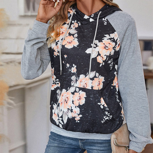 Damen Lässiger Kapuzenpullover mit floralem Print, Raglanärmeln und Kängurutasche Nord Taschen