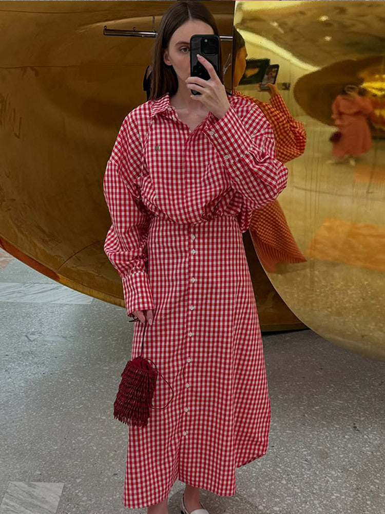 Damen Karo-Maxikleid mit durchgehender Knopfleiste, taillierter Schärpe und verlängerten Manschetten Nord Taschen