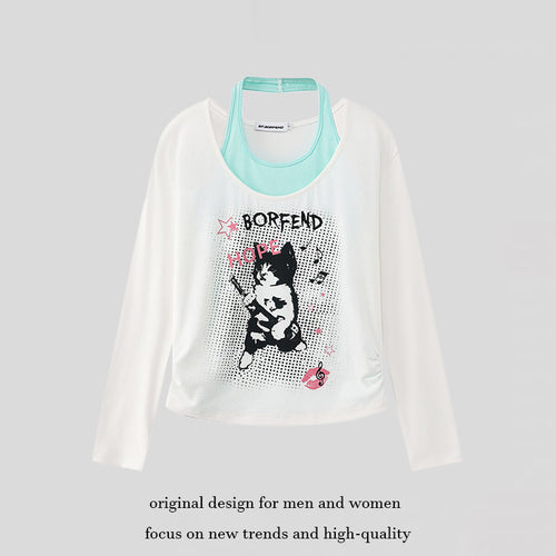 Damen Lagen-Langarmshirt mit Racerback-Innenlayer und Cartoon-Katzenprint Nord Taschen