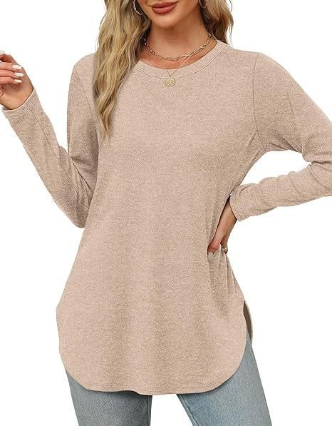 Damen Lässiges Longsleeve-Tunikaoberteil mit Rundhalsausschnitt, Seitenschlitzen und Aquarell-Blattprint Nord Taschen