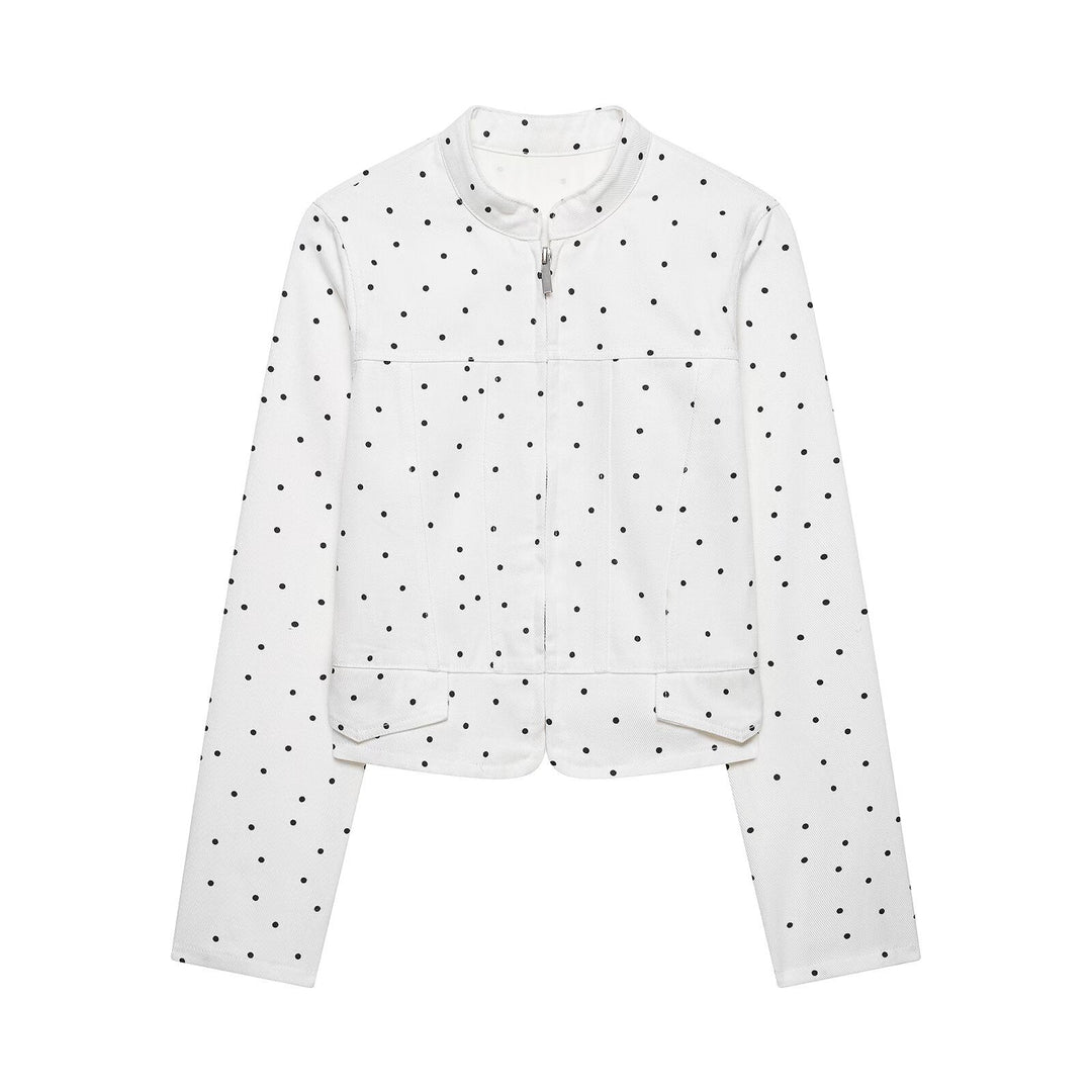 Damen Gepunktete Kurzjacke mit Stehkragen, Reißverschluss und Pattentaschen Nord Taschen