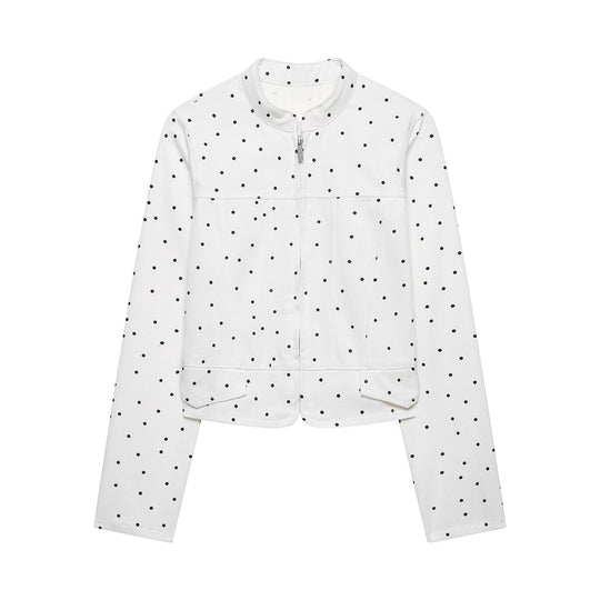 Damen Gepunktete Kurzjacke mit Stehkragen, Reißverschluss und Pattentaschen Nord Taschen