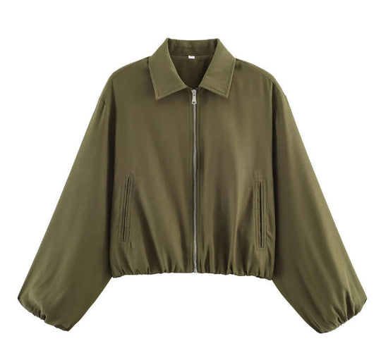 Damen Gekürzte Bomberjacke im Harrington‑Stil mit Ballonärmeln und elastischem Saum Nord Taschen
