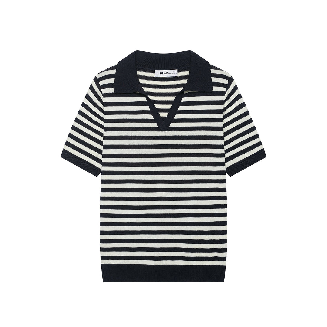 Damen Gestreiftes Poloshirt-Strick mit V‑Ausschnitt, Kurzarm und Rippkragen Nord Taschen