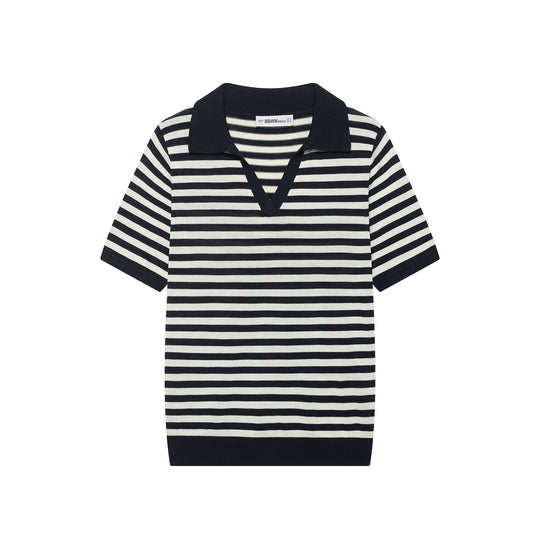 Damen Gestreiftes Poloshirt-Strick mit V‑Ausschnitt, Kurzarm und Rippkragen Nord Taschen