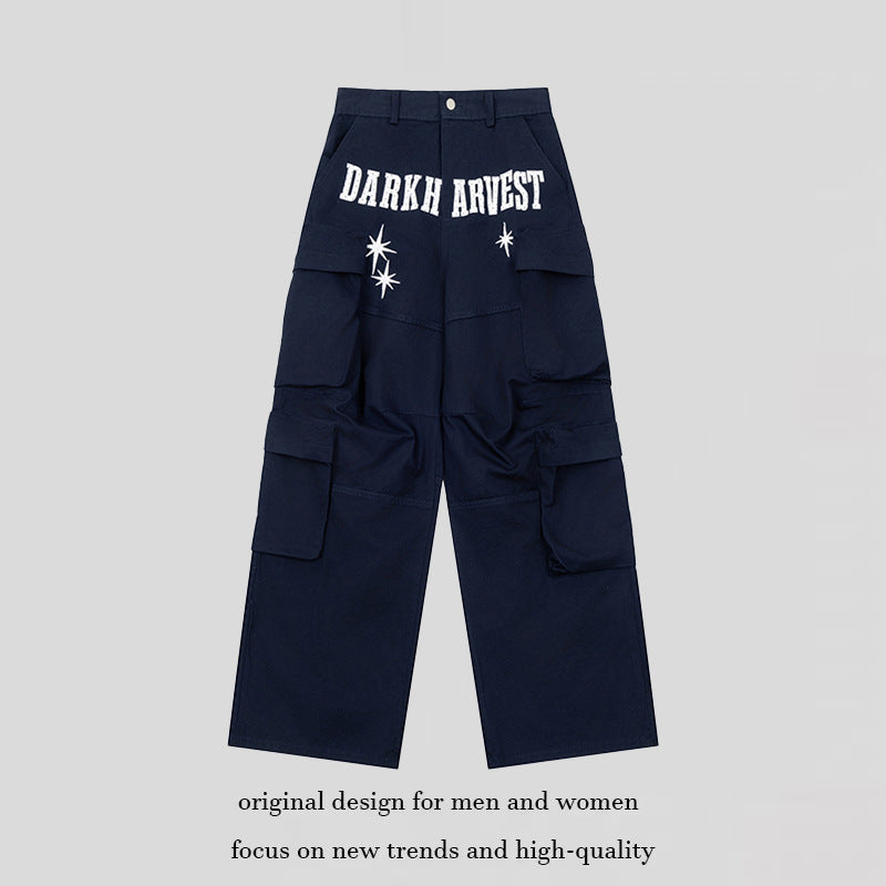 Damen Weite Cargo-Palazzo-Hose mit Mehrfach-Taschen, hoher Taille und Statement-Print Nord Taschen