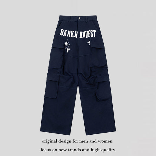 Damen Weite Cargo-Palazzo-Hose mit Mehrfach-Taschen, hoher Taille und Statement-Print Nord Taschen