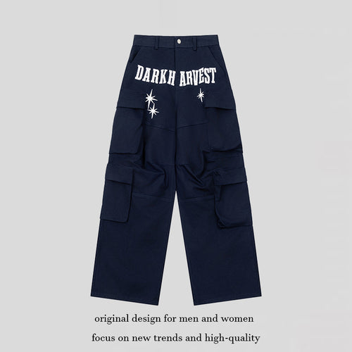 Damen Weite Cargo-Palazzo-Hose mit Mehrfach-Taschen, hoher Taille und Statement-Print Nord Taschen
