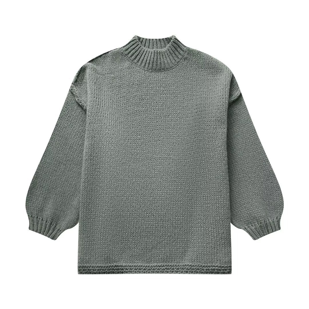 Damen Grobstrick-Pullover mit Stehkragen, überschnittenen Schultern und Ballonärmeln Nord Taschen