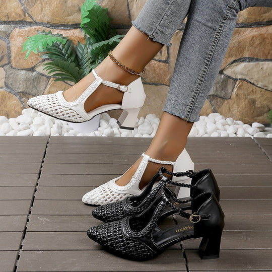 Damen elegante T-strap Sandaletten mit geflochtenem Design und komfortablem Blockabsatz